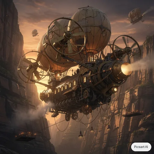 Flux 2 Pro: steampunk airship with brass propellers and patched canvas balloons flying through a canyon at sunset, concept art, cinematic