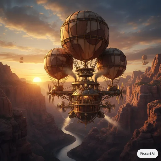 Nano Banana: steampunk airship with brass propellers and patched canvas balloons flying through a canyon at sunset, concept art, cinematic