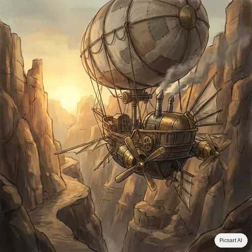Nano Banana Pro: steampunk airship with brass propellers and patched canvas balloons flying through a canyon at sunset, concept art, cinematic
