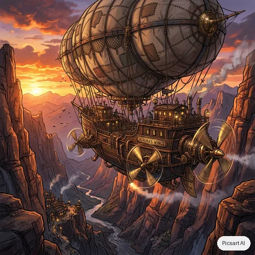 Nano Banana 2: steampunk airship with brass propellers and patched canvas balloons flying through a canyon at sunset, concept art, cinematic