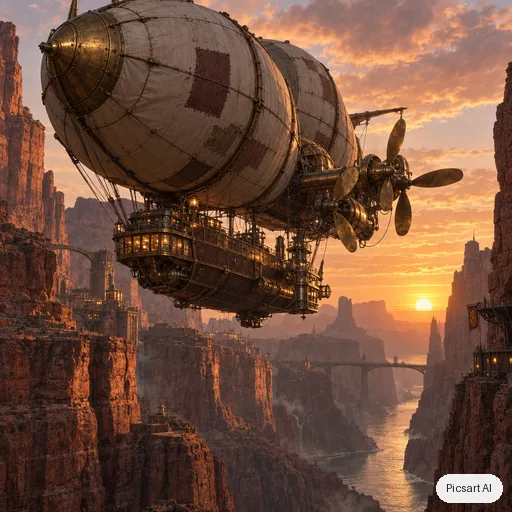 GPT Image 2.5 Sunburst: steampunk airship with brass propellers and patched canvas balloons flying through a canyon at sunset, concept art, cinematic