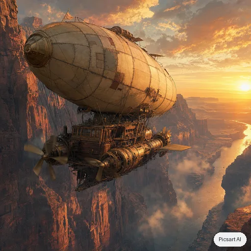 GPT Image 2: steampunk airship with brass propellers and patched canvas balloons flying through a canyon at sunset, concept art, cinematic