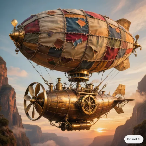 Hunyuan V3: steampunk airship with brass propellers and patched canvas balloons flying through a canyon at sunset, concept art, cinematic