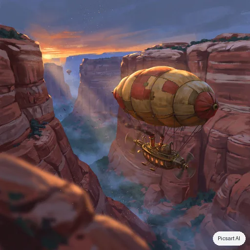 Ideogram 4.5: steampunk airship with brass propellers and patched canvas balloons flying through a canyon at sunset, concept art, cinematic