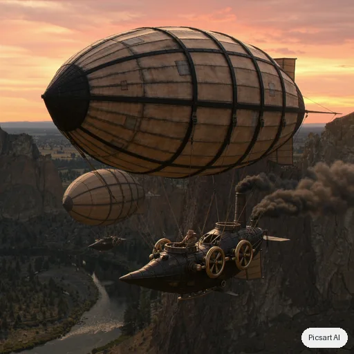 Kling 3.0 Image: steampunk airship with brass propellers and patched canvas balloons flying through a canyon at sunset, concept art, cinematic
