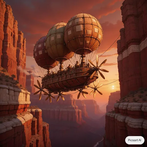 Luma UNI-1: steampunk airship with brass propellers and patched canvas balloons flying through a canyon at sunset, concept art, cinematic