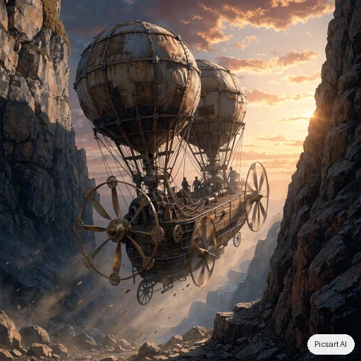 Recraft V4.1: steampunk airship with brass propellers and patched canvas balloons flying through a canyon at sunset, concept art, cinematic