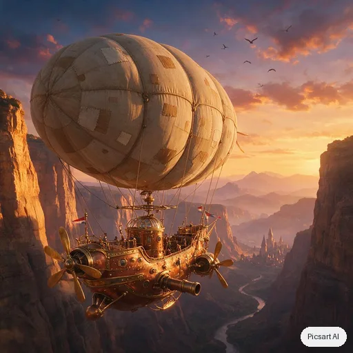Seedream 5.0 Pro: steampunk airship with brass propellers and patched canvas balloons flying through a canyon at sunset, concept art, cinematic