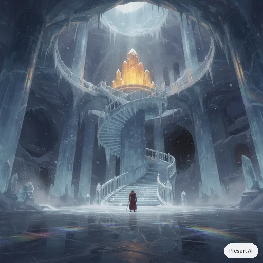 Flux 2 Pro: An ancient ice temple hollowed out inside a glacier, frozen staircases spiralling up to a glowing crystal altar, columns of translucent blue ice, a lone pilgrim in a red cloak for scale, cool palette with one warm light source, environment concept art
