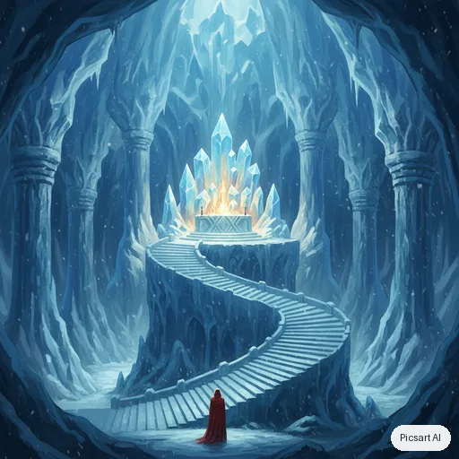 Nano Banana: An ancient ice temple hollowed out inside a glacier, frozen staircases spiralling up to a glowing crystal altar, columns of translucent blue ice, a lone pilgrim in a red cloak for scale, cool palette with one warm light source, environment concept art