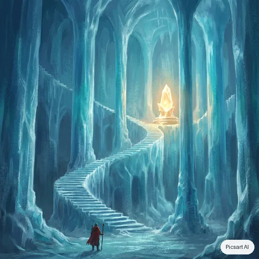 Nano Banana Pro: An ancient ice temple hollowed out inside a glacier, frozen staircases spiralling up to a glowing crystal altar, columns of translucent blue ice, a lone pilgrim in a red cloak for scale, cool palette with one warm light source, environment concept art