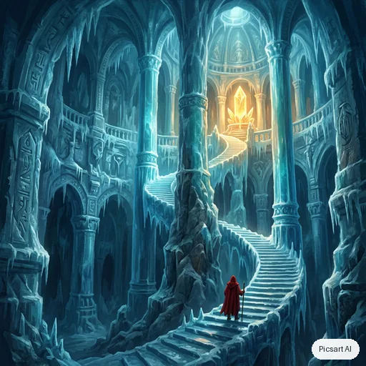 Nano Banana 2: An ancient ice temple hollowed out inside a glacier, frozen staircases spiralling up to a glowing crystal altar, columns of translucent blue ice, a lone pilgrim in a red cloak for scale, cool palette with one warm light source, environment concept art