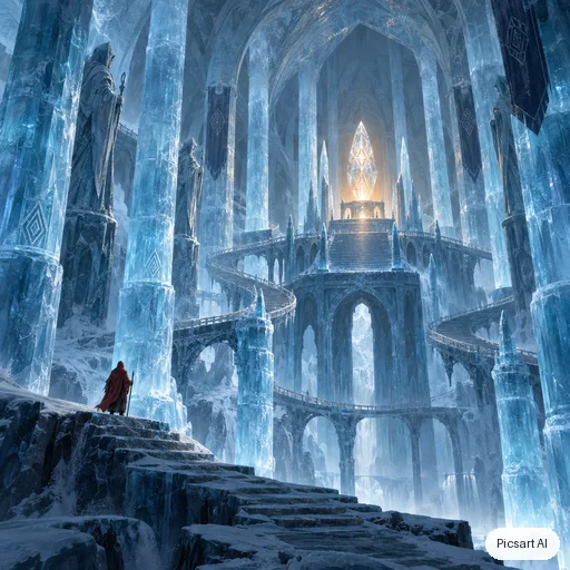 GPT Image 2.5 Sunburst: An ancient ice temple hollowed out inside a glacier, frozen staircases spiralling up to a glowing crystal altar, columns of translucent blue ice, a lone pilgrim in a red cloak for scale, cool palette with one warm light source, environment concept art