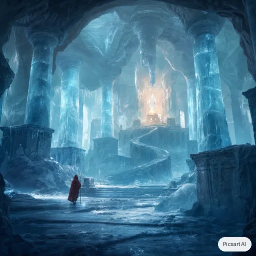 GPT Image 2: An ancient ice temple hollowed out inside a glacier, frozen staircases spiralling up to a glowing crystal altar, columns of translucent blue ice, a lone pilgrim in a red cloak for scale, cool palette with one warm light source, environment concept art