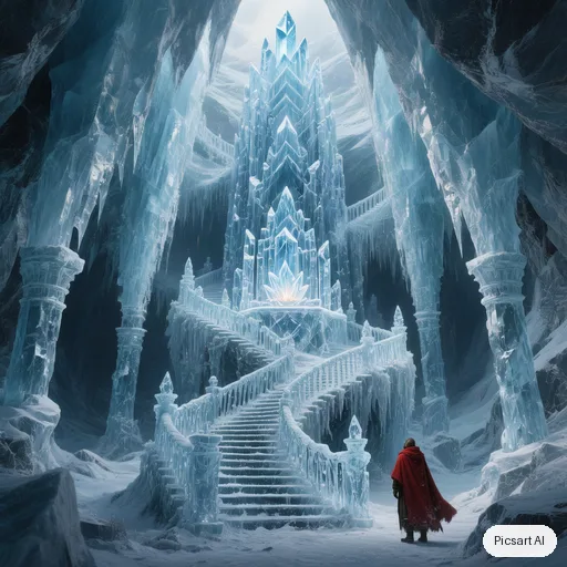 Hunyuan V3: An ancient ice temple hollowed out inside a glacier, frozen staircases spiralling up to a glowing crystal altar, columns of translucent blue ice, a lone pilgrim in a red cloak for scale, cool palette with one warm light source, environment concept art