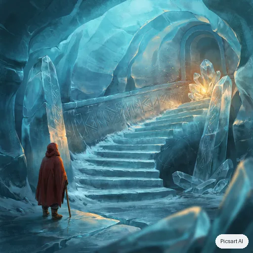 Ideogram 4.5: An ancient ice temple hollowed out inside a glacier, frozen staircases spiralling up to a glowing crystal altar, columns of translucent blue ice, a lone pilgrim in a red cloak for scale, cool palette with one warm light source, environment concept art