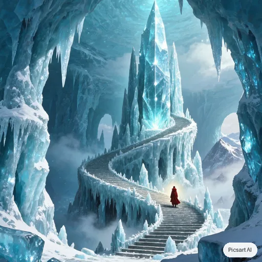 Kling 3.0 Image: An ancient ice temple hollowed out inside a glacier, frozen staircases spiralling up to a glowing crystal altar, columns of translucent blue ice, a lone pilgrim in a red cloak for scale, cool palette with one warm light source, environment concept art