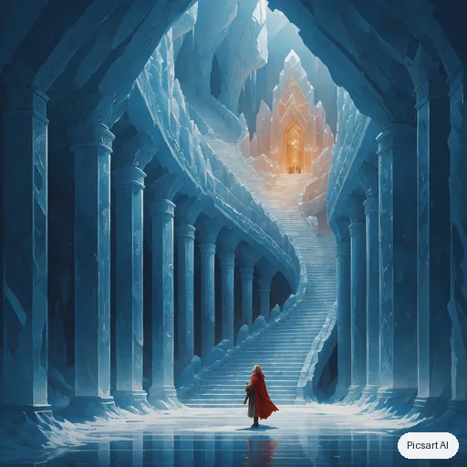 Luma UNI-1: An ancient ice temple hollowed out inside a glacier, frozen staircases spiralling up to a glowing crystal altar, columns of translucent blue ice, a lone pilgrim in a red cloak for scale, cool palette with one warm light source, environment concept art