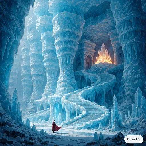 Recraft V4.1: An ancient ice temple hollowed out inside a glacier, frozen staircases spiralling up to a glowing crystal altar, columns of translucent blue ice, a lone pilgrim in a red cloak for scale, cool palette with one warm light source, environment concept art