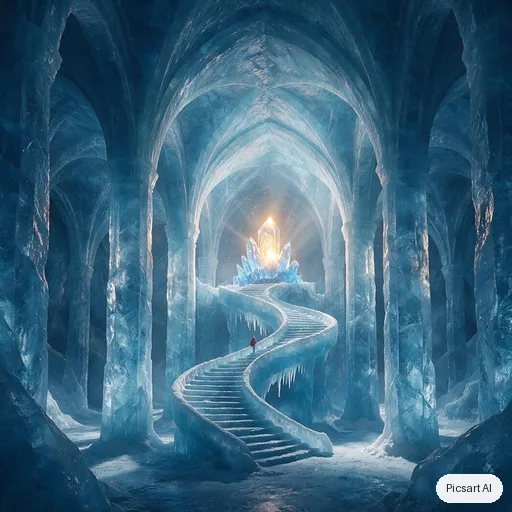 Seedream 5.0 Pro: An ancient ice temple hollowed out inside a glacier, frozen staircases spiralling up to a glowing crystal altar, columns of translucent blue ice, a lone pilgrim in a red cloak for scale, cool palette with one warm light source, environment concept art