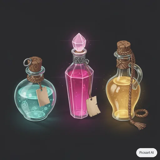 Flux 2 Pro: Game asset concept: a set of three enchanted potion bottles with glowing liquids, ornate corks and tiny blank labels, on a plain dark background, isometric view, stylised hand-painted look