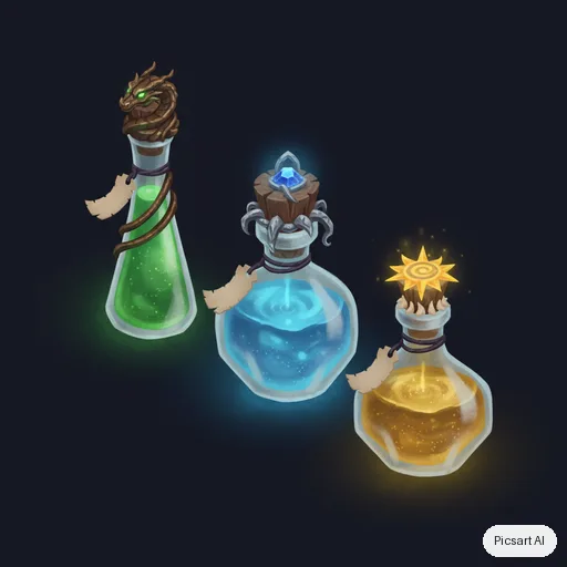 Nano Banana: Game asset concept: a set of three enchanted potion bottles with glowing liquids, ornate corks and tiny blank labels, on a plain dark background, isometric view, stylised hand-painted look
