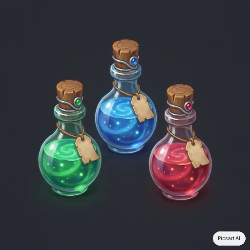 Nano Banana Pro: Game asset concept: a set of three enchanted potion bottles with glowing liquids, ornate corks and tiny blank labels, on a plain dark background, isometric view, stylised hand-painted look