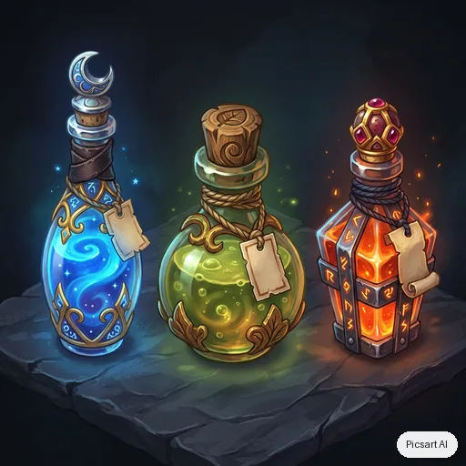 Nano Banana 2: Game asset concept: a set of three enchanted potion bottles with glowing liquids, ornate corks and tiny blank labels, on a plain dark background, isometric view, stylised hand-painted look