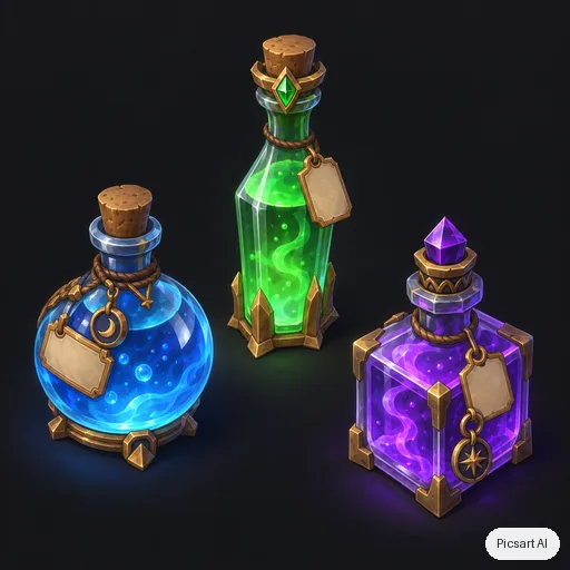 GPT Image 2.5 Sunburst: Game asset concept: a set of three enchanted potion bottles with glowing liquids, ornate corks and tiny blank labels, on a plain dark background, isometric view, stylised hand-painted look