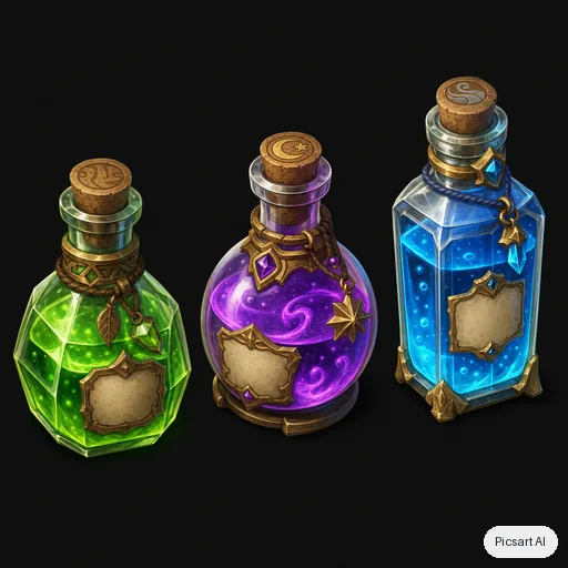 GPT Image 2: Game asset concept: a set of three enchanted potion bottles with glowing liquids, ornate corks and tiny blank labels, on a plain dark background, isometric view, stylised hand-painted look