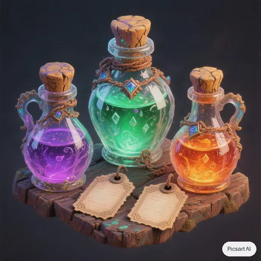 Hunyuan V3: Game asset concept: a set of three enchanted potion bottles with glowing liquids, ornate corks and tiny blank labels, on a plain dark background, isometric view, stylised hand-painted look