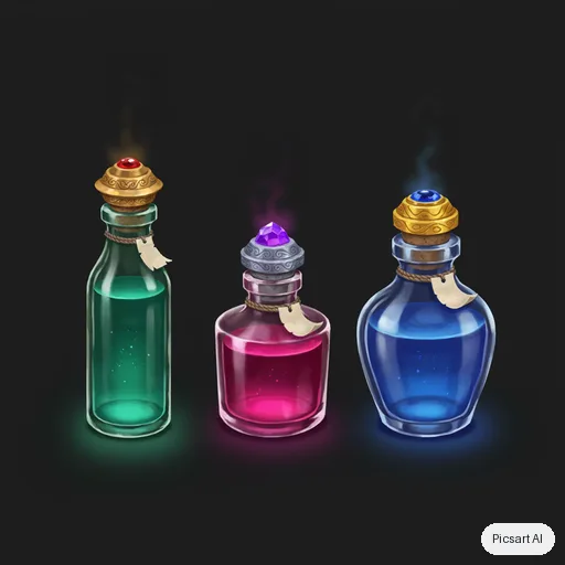 Ideogram 4.5: Game asset concept: a set of three enchanted potion bottles with glowing liquids, ornate corks and tiny blank labels, on a plain dark background, isometric view, stylised hand-painted look