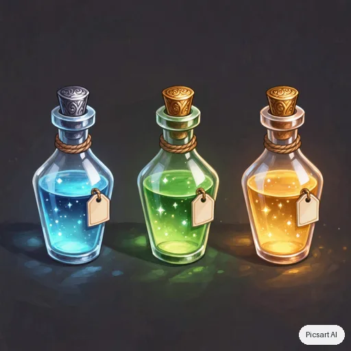Kling 3.0 Image: Game asset concept: a set of three enchanted potion bottles with glowing liquids, ornate corks and tiny blank labels, on a plain dark background, isometric view, stylised hand-painted look