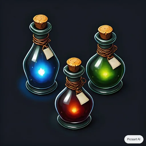 Luma UNI-1: Game asset concept: a set of three enchanted potion bottles with glowing liquids, ornate corks and tiny blank labels, on a plain dark background, isometric view, stylised hand-painted look