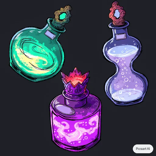 Recraft V4.1: Game asset concept: a set of three enchanted potion bottles with glowing liquids, ornate corks and tiny blank labels, on a plain dark background, isometric view, stylised hand-painted look