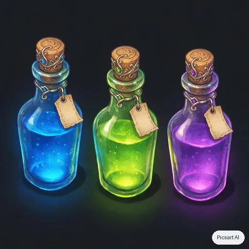 Seedream 5.0 Pro: Game asset concept: a set of three enchanted potion bottles with glowing liquids, ornate corks and tiny blank labels, on a plain dark background, isometric view, stylised hand-painted look