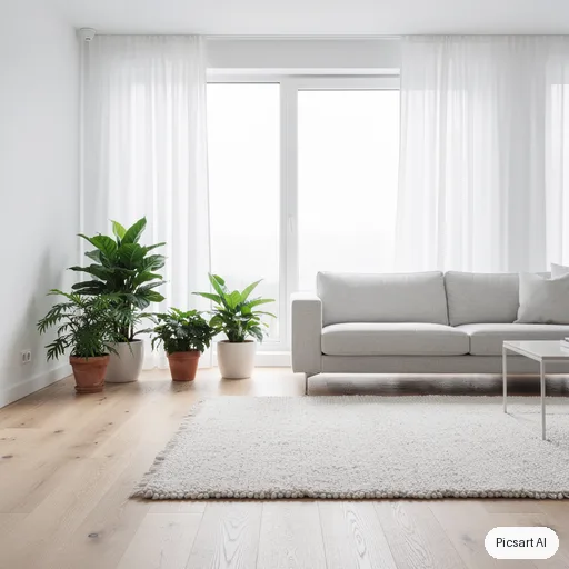 Flux 2 Pro: Scandinavian living room with a light oak floor, a pale grey sofa, a wool rug, a large window with sheer curtains, a few green plants, bright overcast daylight, photorealistic