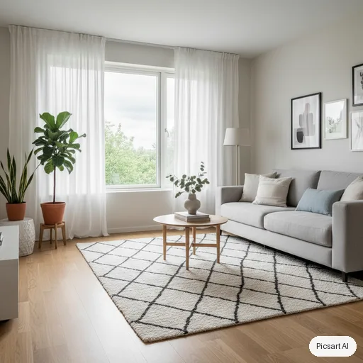 Nano Banana: Scandinavian living room with a light oak floor, a pale grey sofa, a wool rug, a large window with sheer curtains, a few green plants, bright overcast daylight, photorealistic