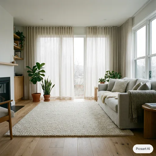 Nano Banana Pro: Scandinavian living room with a light oak floor, a pale grey sofa, a wool rug, a large window with sheer curtains, a few green plants, bright overcast daylight, photorealistic