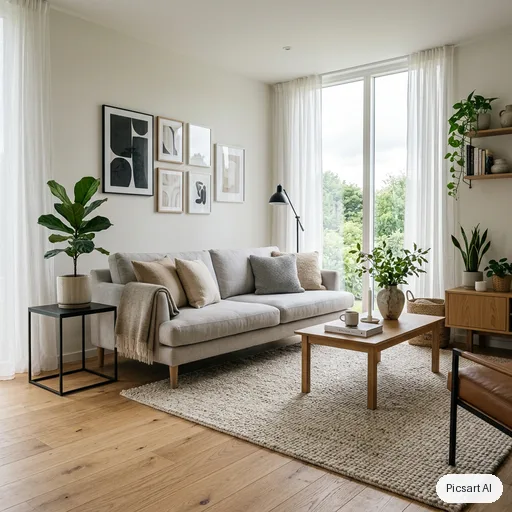 Nano Banana 2: Scandinavian living room with a light oak floor, a pale grey sofa, a wool rug, a large window with sheer curtains, a few green plants, bright overcast daylight, photorealistic