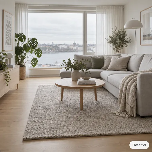 GPT Image 2.5 Sunburst: Scandinavian living room with a light oak floor, a pale grey sofa, a wool rug, a large window with sheer curtains, a few green plants, bright overcast daylight, photorealistic