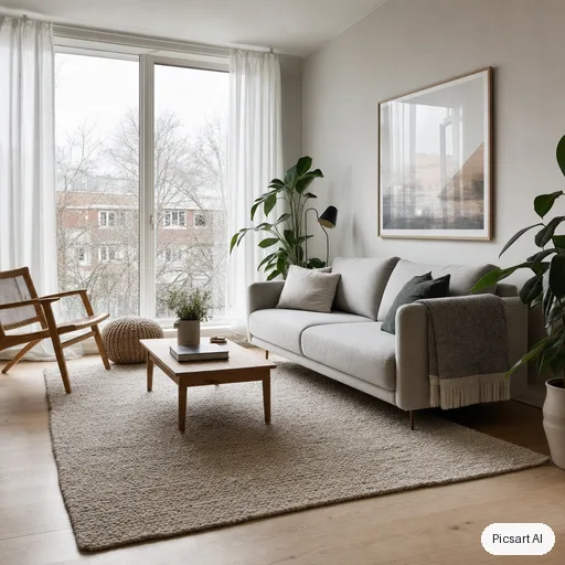 GPT Image 2: Scandinavian living room with a light oak floor, a pale grey sofa, a wool rug, a large window with sheer curtains, a few green plants, bright overcast daylight, photorealistic