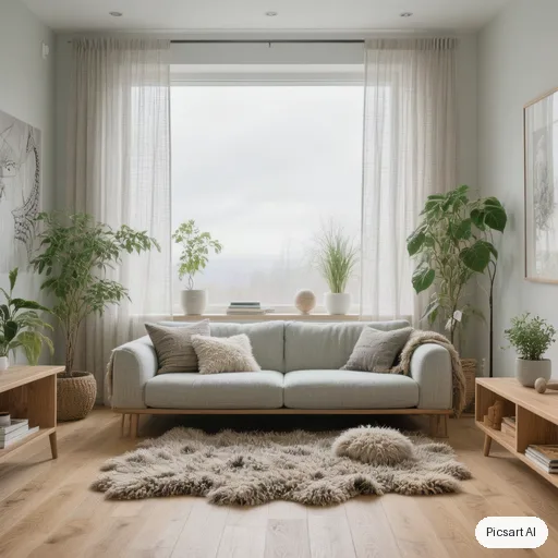 Hunyuan V3: Scandinavian living room with a light oak floor, a pale grey sofa, a wool rug, a large window with sheer curtains, a few green plants, bright overcast daylight, photorealistic