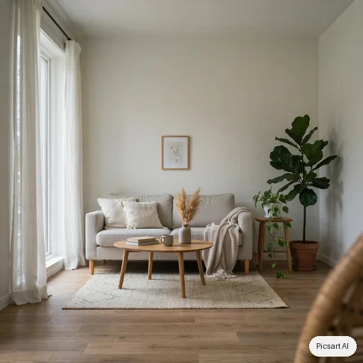 Ideogram 4.5: Scandinavian living room with a light oak floor, a pale grey sofa, a wool rug, a large window with sheer curtains, a few green plants, bright overcast daylight, photorealistic