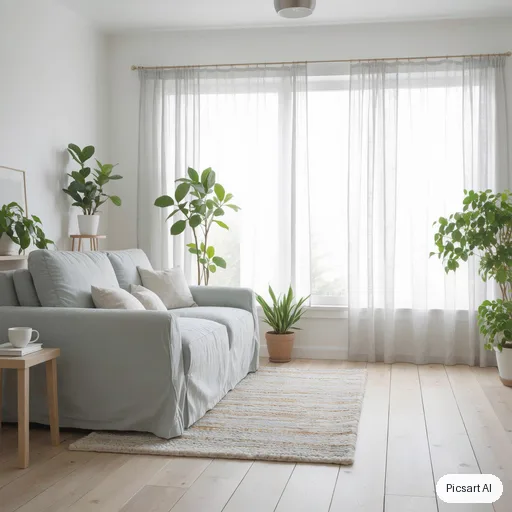 Luma UNI-1: Scandinavian living room with a light oak floor, a pale grey sofa, a wool rug, a large window with sheer curtains, a few green plants, bright overcast daylight, photorealistic