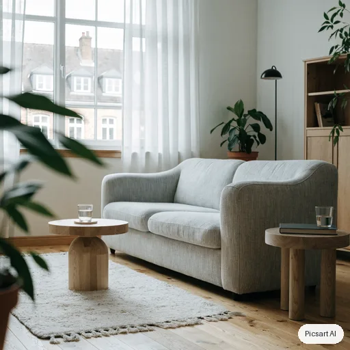 Recraft V4.1: Scandinavian living room with a light oak floor, a pale grey sofa, a wool rug, a large window with sheer curtains, a few green plants, bright overcast daylight, photorealistic