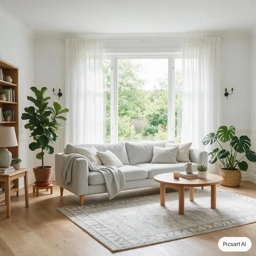 Seedream 5.0 Pro: Scandinavian living room with a light oak floor, a pale grey sofa, a wool rug, a large window with sheer curtains, a few green plants, bright overcast daylight, photorealistic