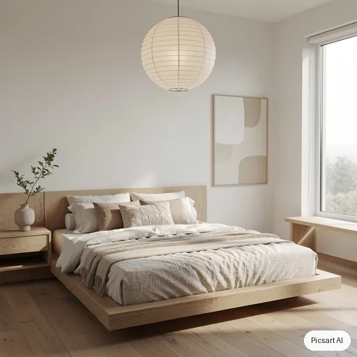 Flux 2 Pro: japandi bedroom, low platform bed, linen bedding, paper lantern, real estate photo