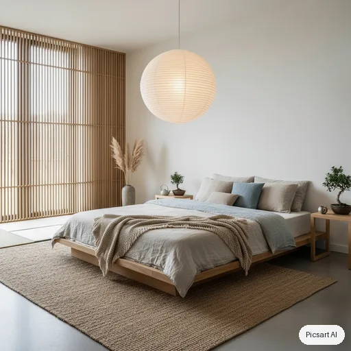 Nano Banana: japandi bedroom, low platform bed, linen bedding, paper lantern, real estate photo