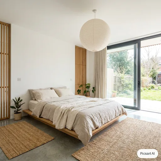Nano Banana Pro: japandi bedroom, low platform bed, linen bedding, paper lantern, real estate photo